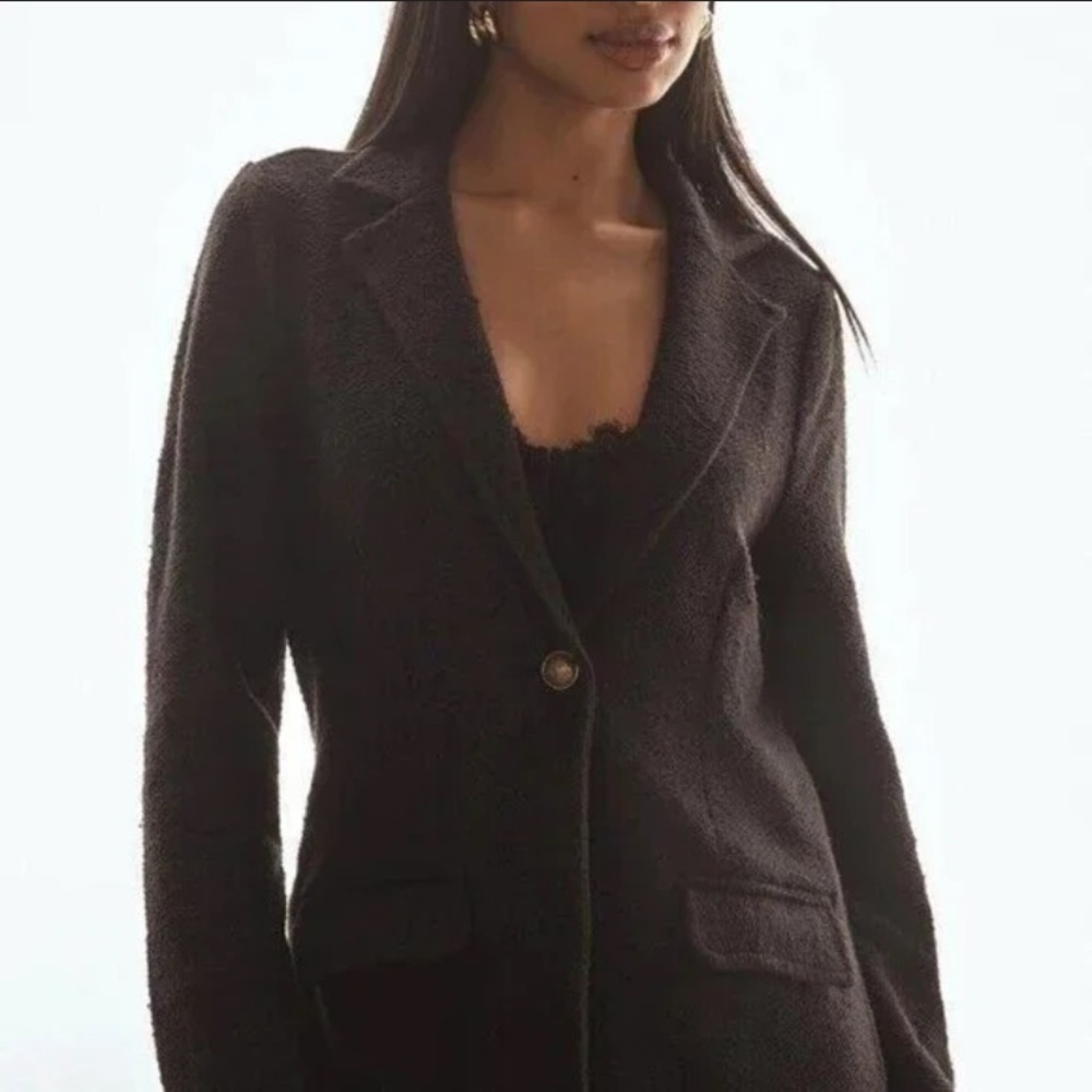 Anthropologie Maeve black knit blazer 100% Cotton Gold Button pockets Size Small
